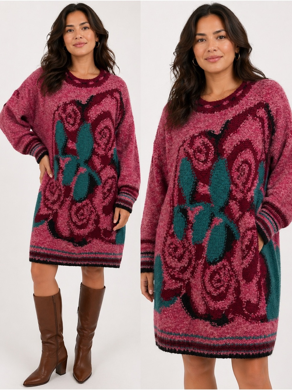 Free People Berry & Blush Patterned Knit Oversized Sweater